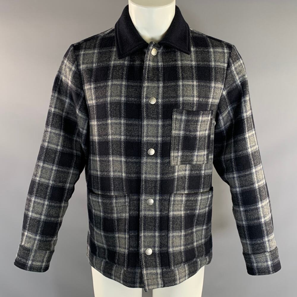 APC Size S Blue Grey Plaid Wool Blend Button Up Jacket